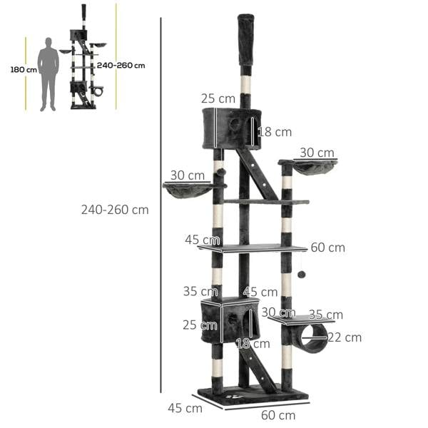 Adjustable dark grey cat tree tower diagram, 240–260 cm height with multiple levels