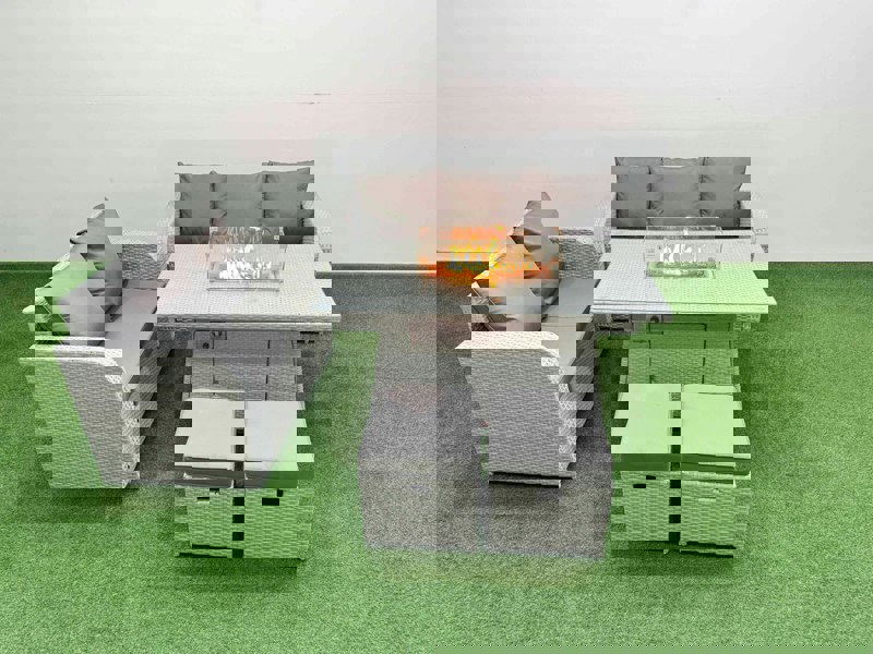 Fimous 7 Seater PE Rattan Wicker Garden Furniture Patio Conservatory Sofa Set with Fire Pit Dining Table 3 Seater Sofa Love Sofa 2 Stools