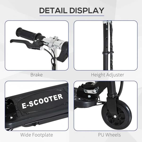 Black scooter with brake, height adjuster, wide footplate, and PU wheels