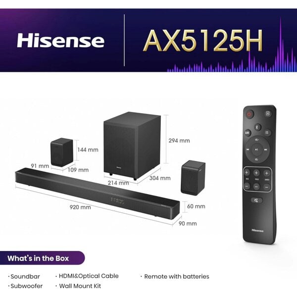 Dyzi AX5125H 5.1.2 Channel 500W Dolby Atmos Soundbar Subwoofer Black
