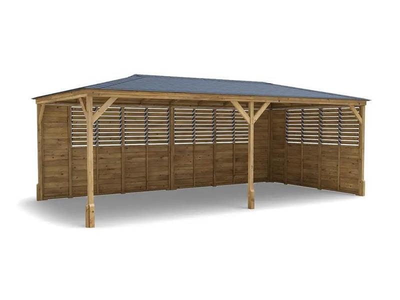 Dunster House Wooden Gazebo Kit Louvre Wall 6m x 3m Garden Shelter Roof Shingles Utopia