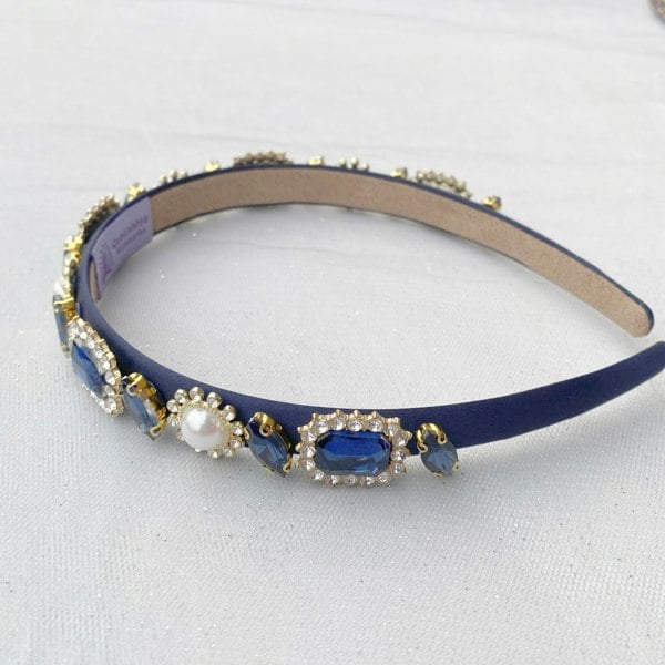 Navy blue headband, slim velvet band, embellished with pearls and blue gemstones, gold tone settings, rhinestone halo detailing, vintage inspired style, elegant decorative hair accessory, gift for her
