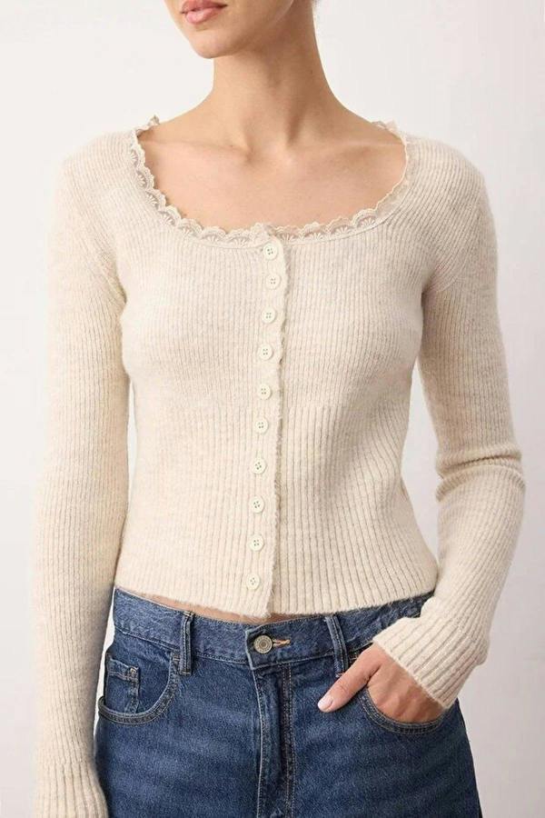 WOVCOR Crop Lace Garnish Square Neck Knit Cardigan