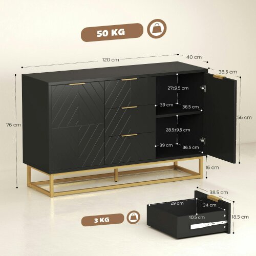 Wyld Haus Varase Black Sideboard 3 Drawers 2 Doors Gold Accents