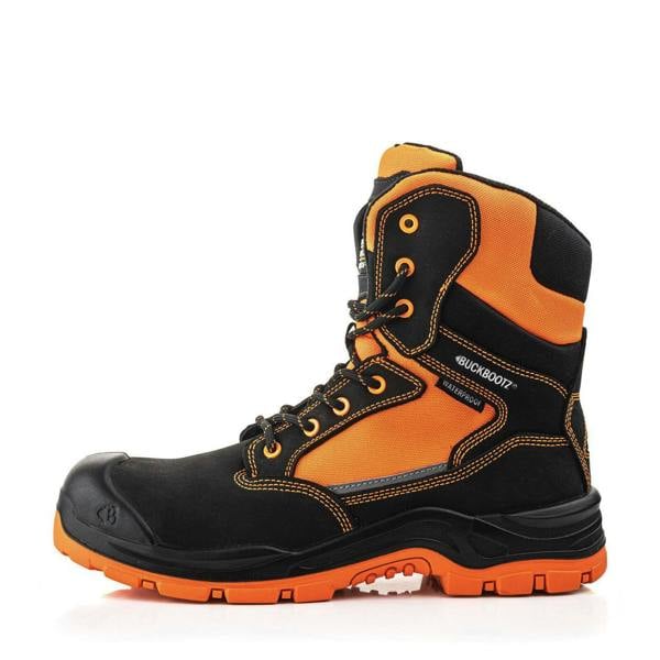 Buckbootz BVIZ1 Mens Zip Up S7S Composite Safety Ankle Boots, close-up view of waterproof black and orange safety footwear with sturdy sole and reinforced toe cap.