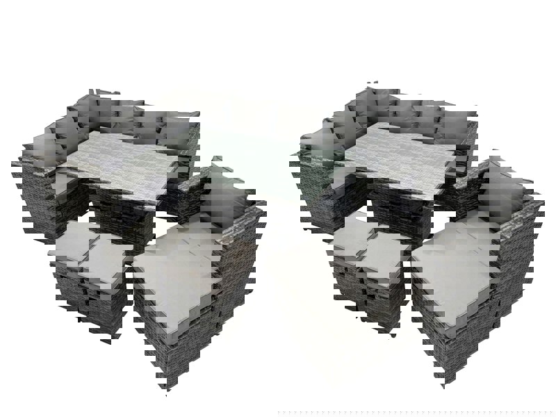 Fimous 10 seater Height Adjustable Rising Lifting Table Corner Sofa Set Rattan Garden Furniture Dining Set with 3 Stool Dark Grey Mixed