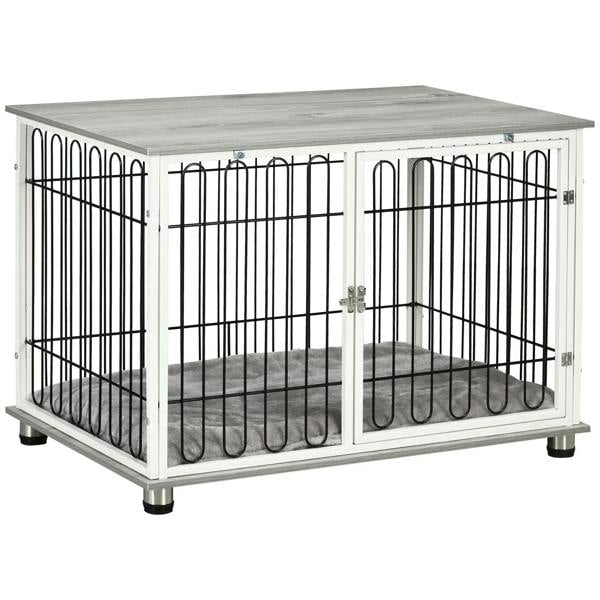 Indoor dog crate end table with lockable doors, white frame, black bars, grey cushion