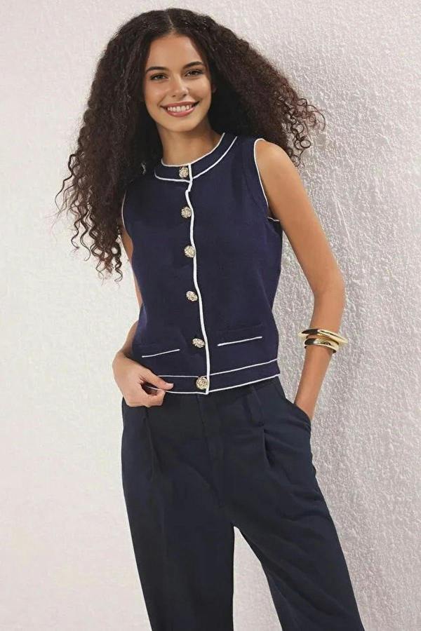 WOVCOR Crew Neck Color Block Knit Thin Blouse