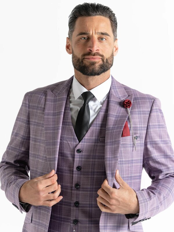 V2 Classic Kensignton Three Piece Suit - Lilac with White and Navy Blue Checks