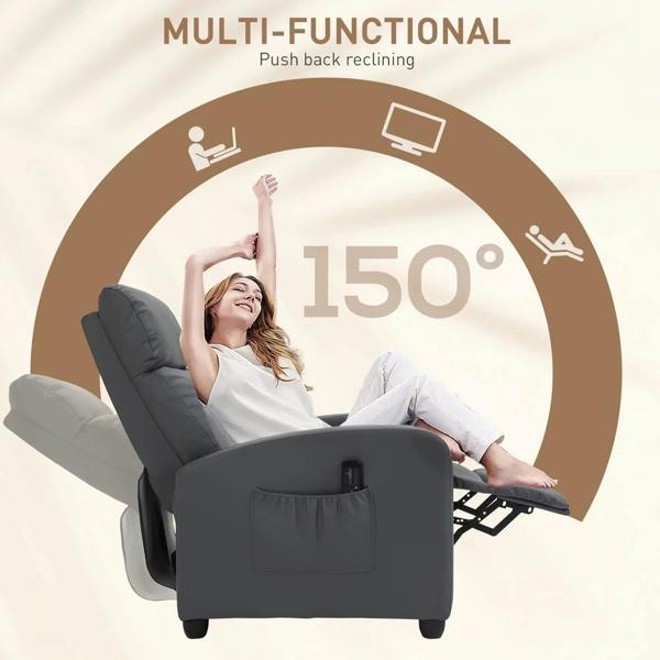 Multi-functional push-back recliner chair illustration with 150-degree recline