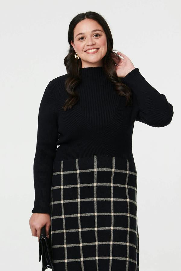 Black | Curve Checked High Neck Knit Midi Dress