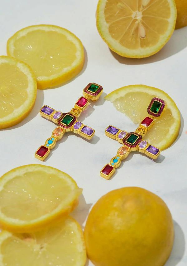 Latelita Maria Extra Large Gemstone Fashion Earrings Gold (Cross)