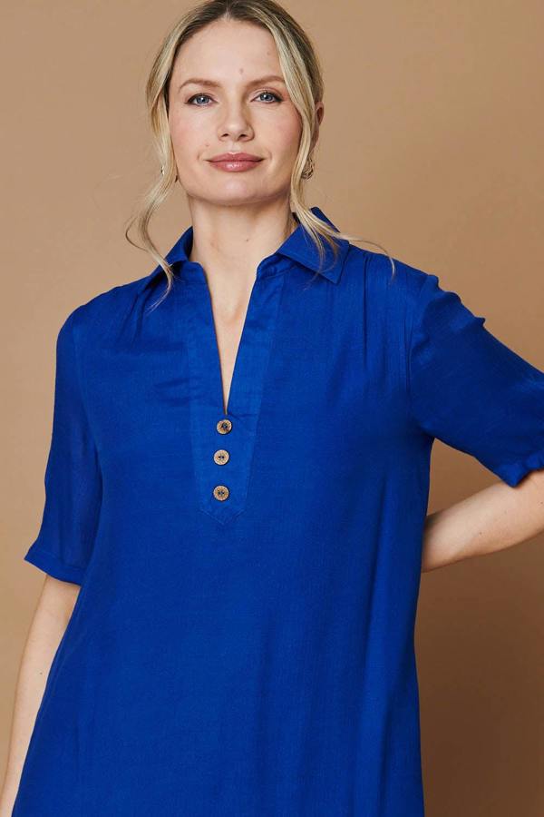 Blue | Semi Sheer Layer Collared Tunic Blouse