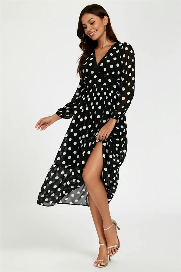 FS Collection Dot Print Lace Trim Long Sleeve Maxi Dress In Black