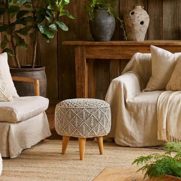 Wyld Haus Como Boho Cotton Crotchet Grey Footstool