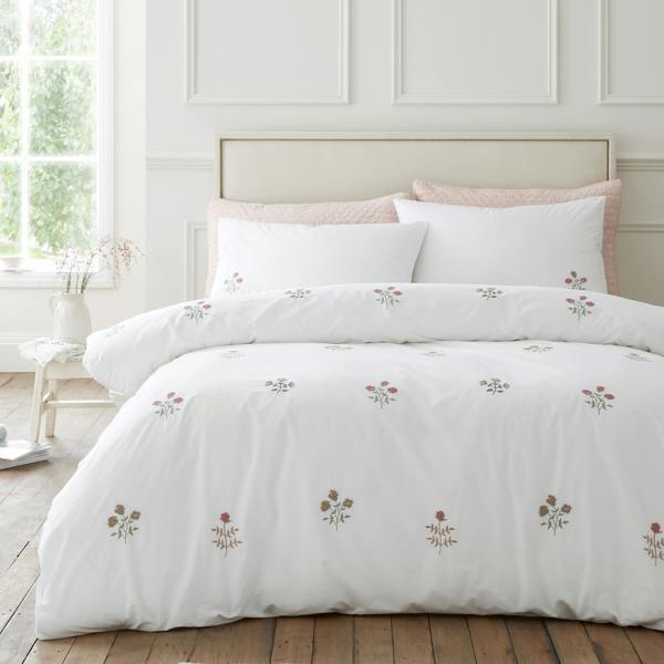 Bianca Adeline Floral Embroidered 200 Thread Count Cotton Duvet Cover Set White