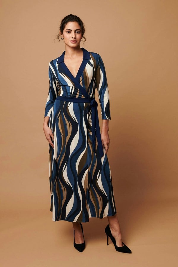 Blue | Striped 3/4 Sleeve Midi Wrap Dress
