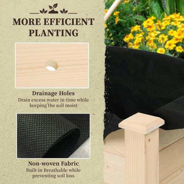 Natural wood raised planter box with drainage holes and black fabric liner