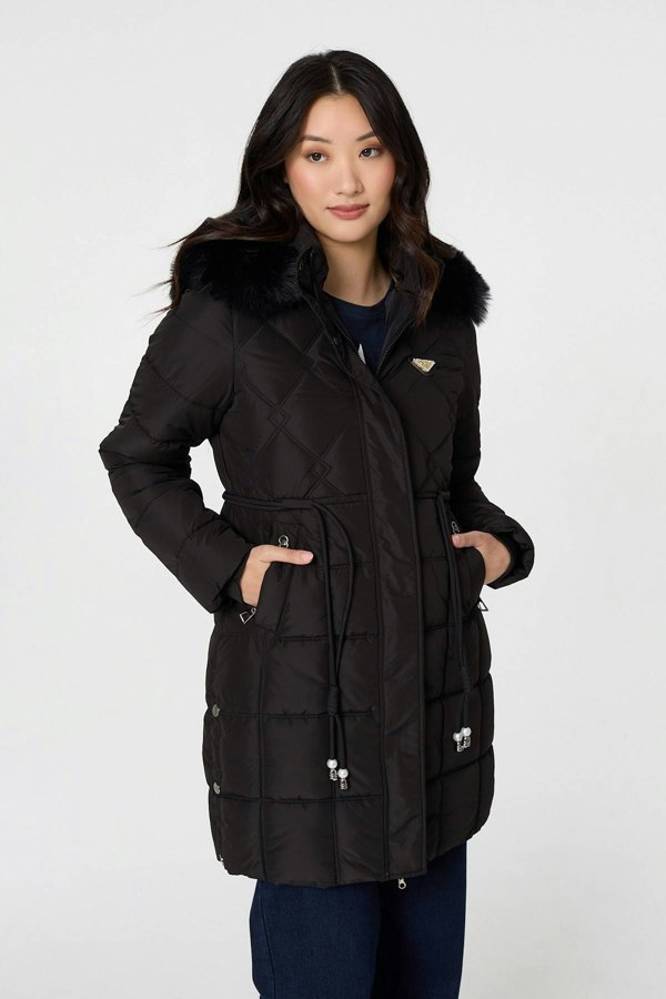Black | Faux Fur Hooded Padded Longline Coat
