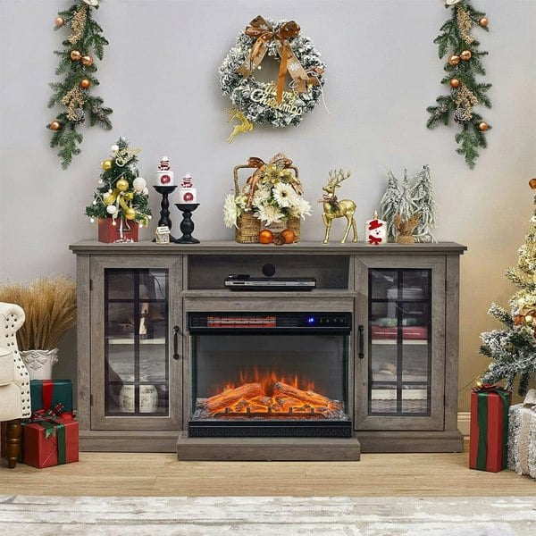 5000BTU Freestanding Fireplaces and Rustic Grey TV Stand 3-Sided Electric Fireplace With Remote Control Freestanding Fireplaces Living and Home Fireplace and TV Stand