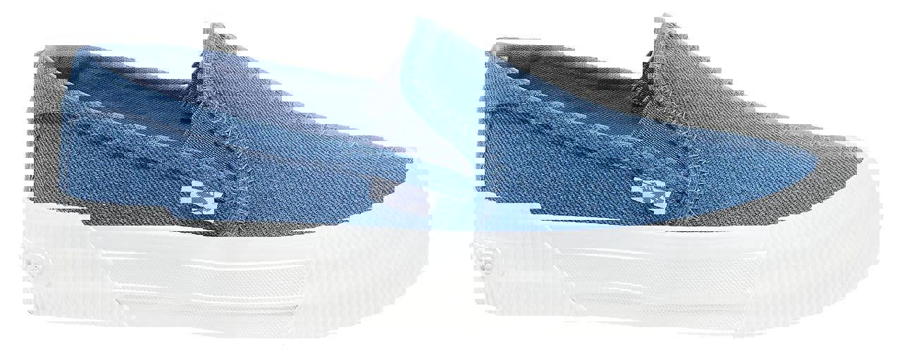 Rocket Dog Cheeryful Womens Slip On Casual Trainers Shoe, blue canvas slip-on sneaker with white rubber sole.