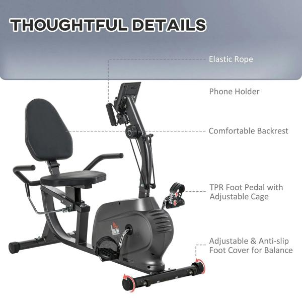 Recumbent exercise bike with phone holder, foot pedals, and anti-slip foot covers