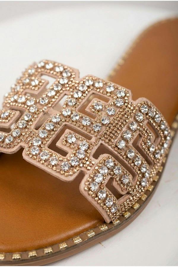 Pearl Geometric Rhinestone Embellished Sliders - Champagne
