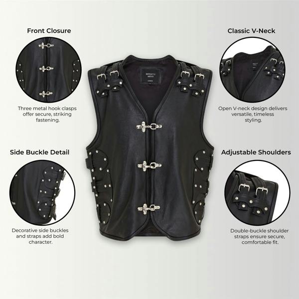 Infinity Leather Men’s Black Biker Leather Waistcoat Metal Buckles Vest - Coolgardie