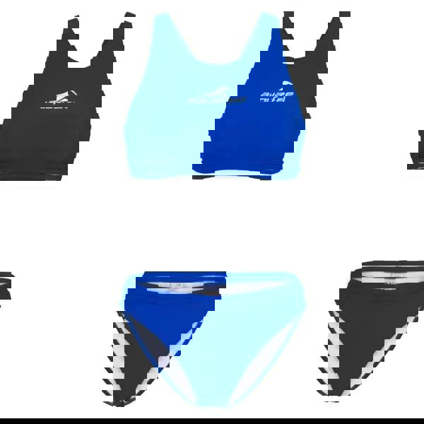 Royal blue Aquafeel racerback bikini set with white trim on stretchy fabric