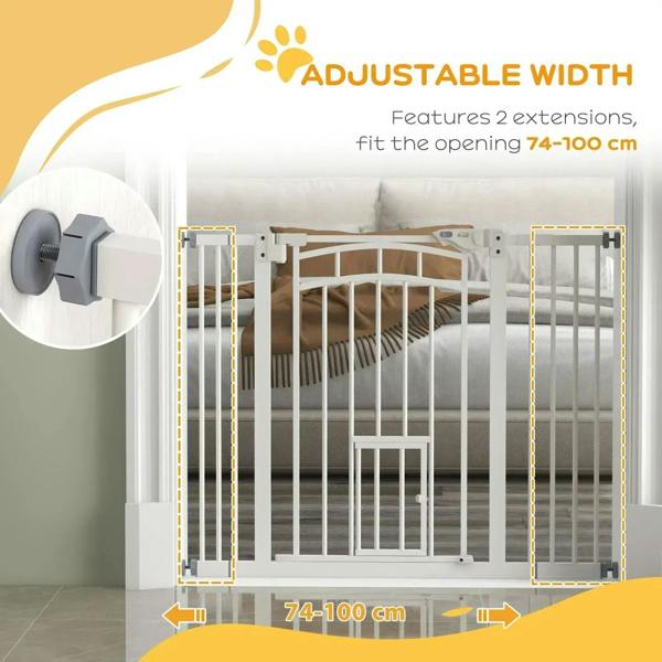 White pressure-fit dog gate with small cat door with adjustable width for 74–100 cm openings