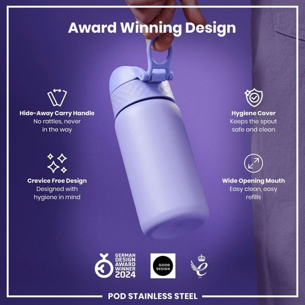 A lavender-colored stainless steel water bottle is being held; it features a hide-away handle, hygiene cover, and wide mouth. The bottle is an award-winning design.