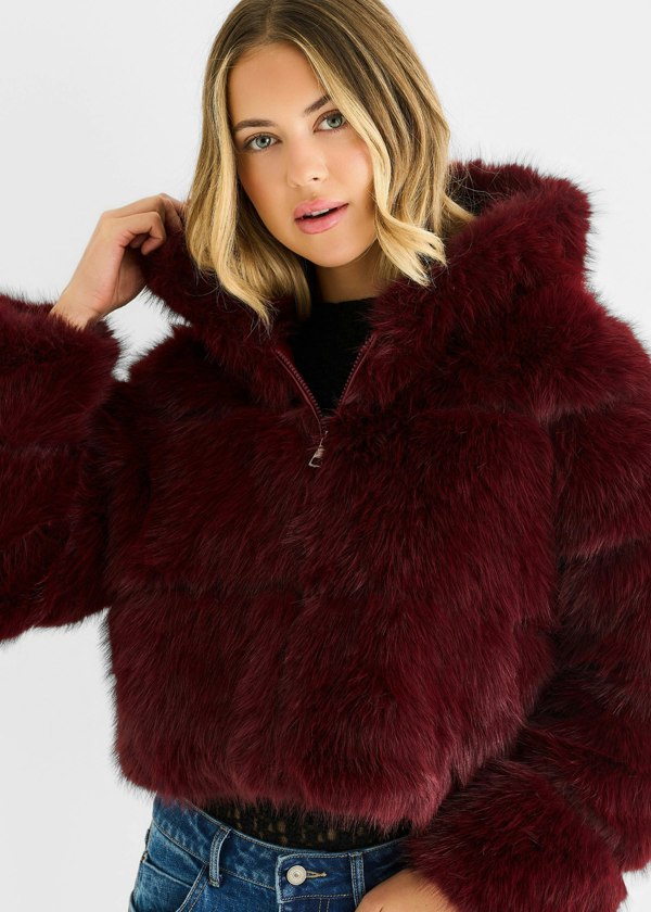 Gini London Burgundy Panel Faux Fur Zip Front Hooded Jacket