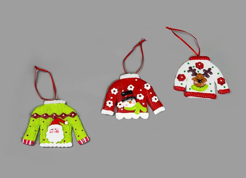 Ceramic Christmas Tree Hanging Decorations in Jumper Shapes, Multicolour Pack Sizes image 1