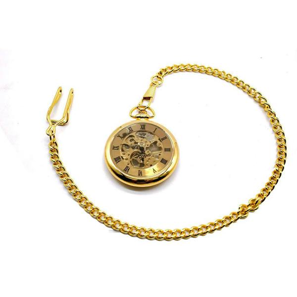 Infinity Leather Mechanical Golden Skeleton Open-Face Chain Pocket Watch