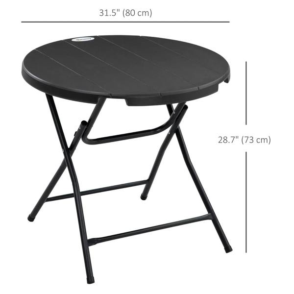 Foldable round outdoor table with dark grey top and black folding steel frame legs