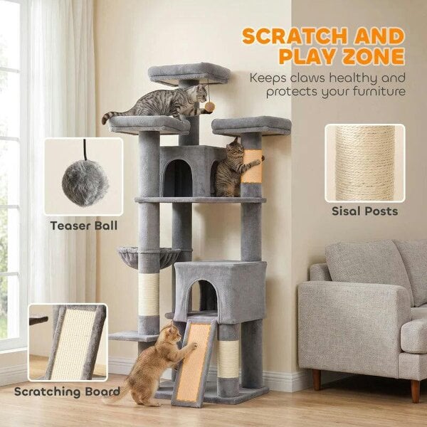 184cm Large Cat Tree for Indoor Cats, Multi-Level Tall Kitty Tower with 3 Scratching Posts, 2 Condos, 3 Padded Beds