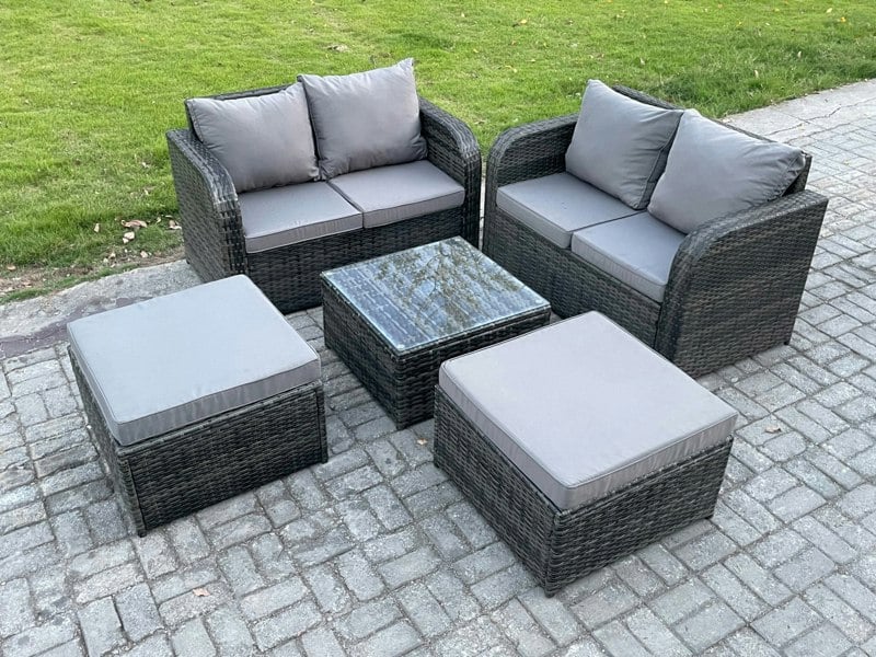 Fimous Rattan Sofa Set Outdoor Garden Furniture Set with Square Coffee Table Loveseat Sofa 2 Big Footstool Dark Grey Mixed
