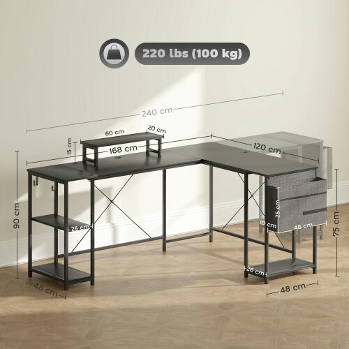 Wyld Haus Kadoso 168cm Black Reversible Industrial L Shaped Desk With Adjustable Shelves And Monitor Stand