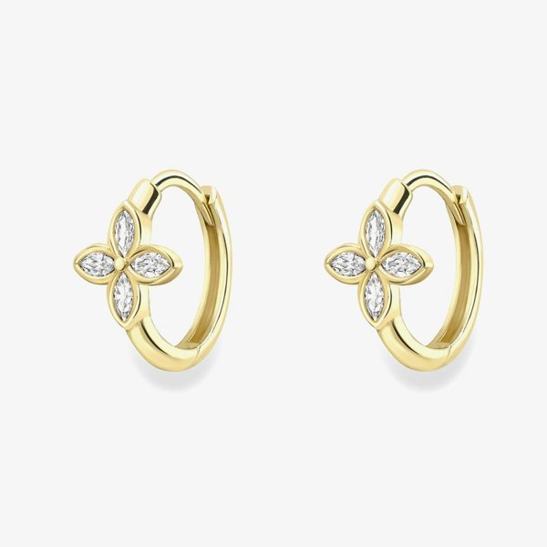 T. H. Baker 9ct Yellow Gold Cubic Zirconia Flower Huggie Hoop Earrings 120525147606
