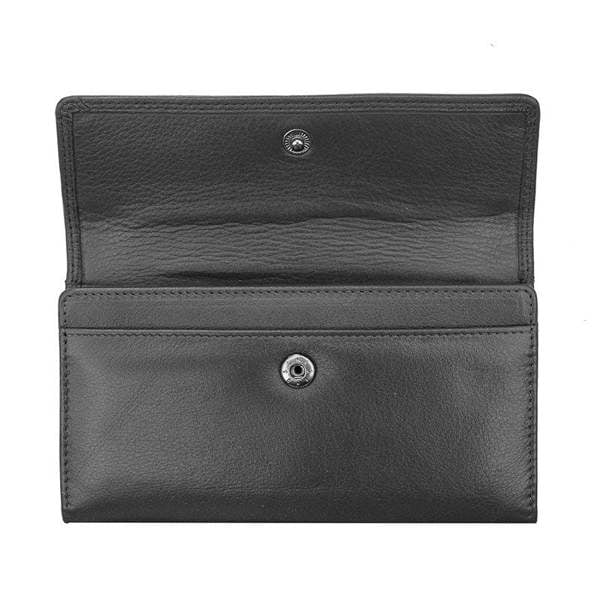 Black leather wallet with metal buttons on a white background