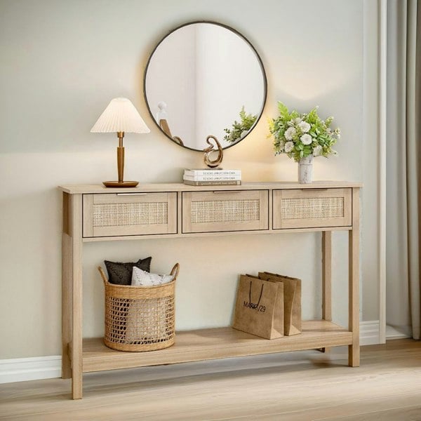 Rafaelo Mobilia Wooden 3 Drawer Rattan Hallway Console Table Brown