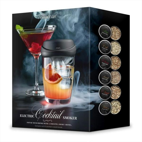 Retail packaging box for the mikamax electric cocktail smoker kit featuring illustrations of smoked cocktails and wood chips.