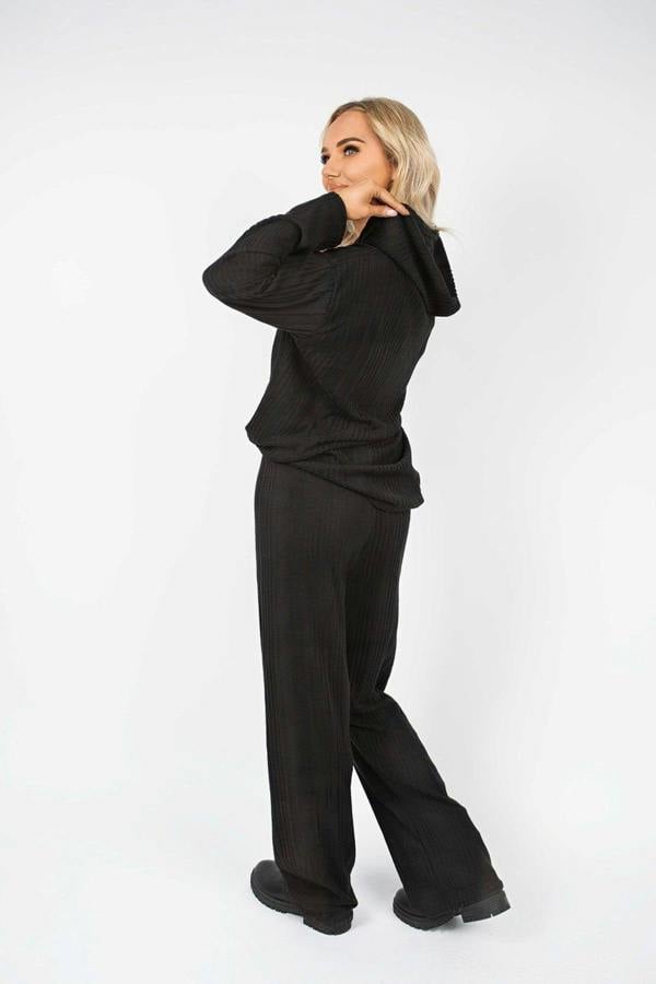Zayana Hooded Ribbed Oversized Top And Wide Leg Lounge Co-ord Set - Black