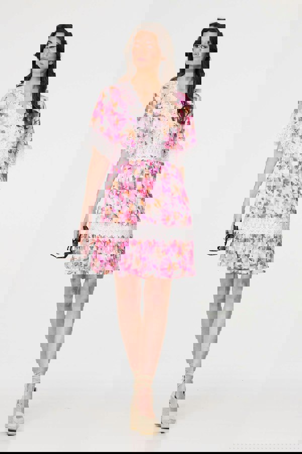 White | Floral Lace 1/2 Sleeve Short Dress