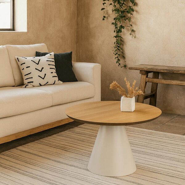 Wyld Haus Hamburg Round Oak Veneer Coffee Table Pillar Steel Base
