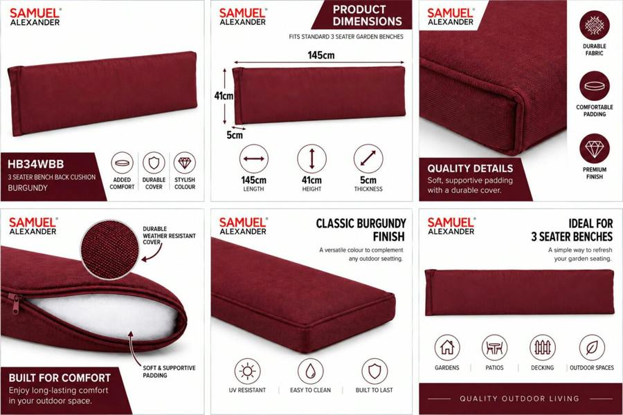 Samuel Alexander Charles Taylor 3 Seater Bench Wooden Chair Back Cushion In Burgundy