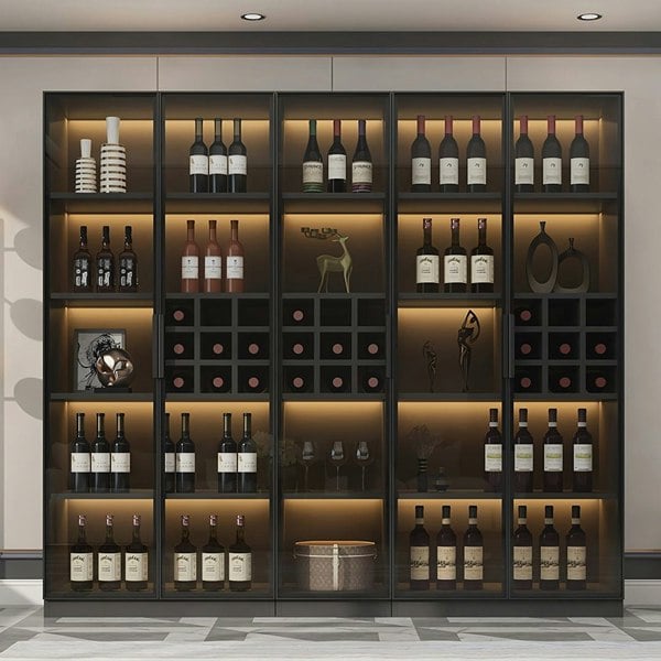 Hampshire I Wine Cabinet, Wine Storage With Glass Doors & Lights with narrow bookshelf cabinet