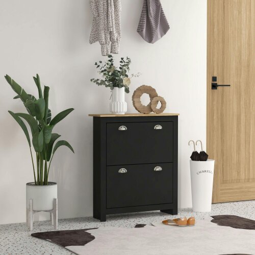 Wyld Haus Resuka Wooden Black Slim Shoe Cabinet With 2 Flip Drawers For 6 To 12 Pairs