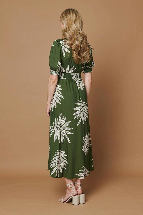 Green | Leaf Print Puff Sleeve V-Neck Maxi Dress