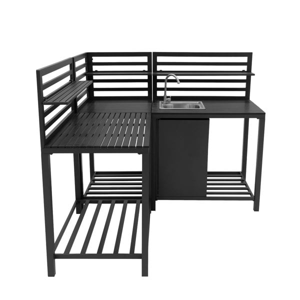Stylish black aluminium outdoor kitchen set featuring a sleek design, slatted shelves, and a stainless steel sink for versatile cooking